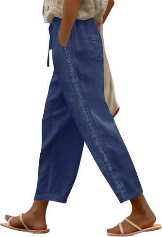 Womens Linen Pants with Pockets, High Waisted Comfy Casual Straight Leg Pants Lace Side Lightweight Loose Trousers in Kuwait