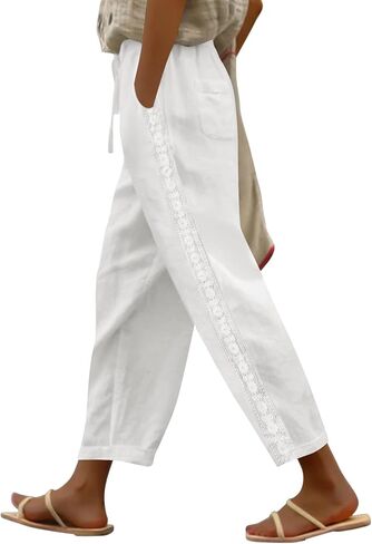 Womens Linen Pants with Pockets, High Waisted Comfy Casual Straight Leg Pants Lace Side Lightweight Loose Trousers in Kuwait