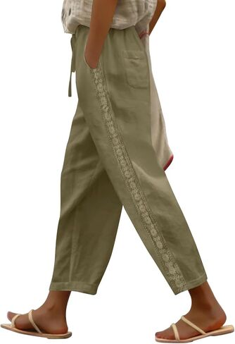 Womens Linen Pants with Pockets, High Waisted Comfy Casual Straight Leg Pants Lace Side Lightweight Loose Trousers in Kuwait