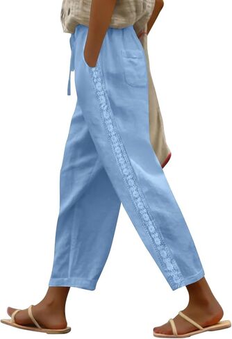 Womens Linen Pants with Pockets, High Waisted Comfy Casual Straight Leg Pants Lace Side Lightweight Loose Trousers in Kuwait