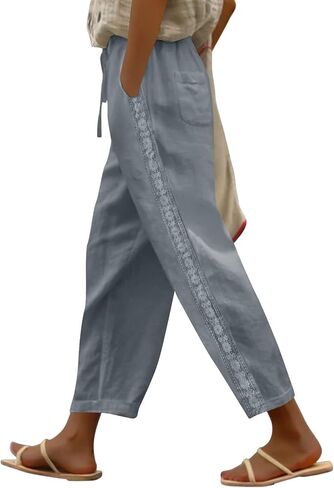 Womens Linen Pants with Pockets, High Waisted Comfy Casual Straight Leg Pants Lace Side Lightweight Loose Trousers in Kuwait