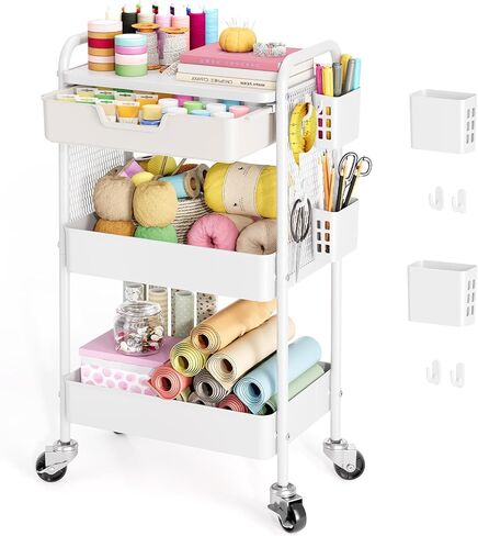 3 Tier Rolling Cart with Pegboard, Metal Utility Storage Cart with Drawer & Tabletop,Craft Cart with 4 Hooks & 2 Hanging Baskets, Multifunctional Cart on Wheel for Bathroom,Bedroom,Sturdy in Kuwait