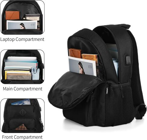 حقيبة ظهر سوداء، حقيبة ظهر مدرسية للأولاد والبنات، حقيبة كتب مدرسية ثانوية خفيفة الوزن، حقيبة ظهر للكمبيوتر المحمول للاستخدام اليومي مع منفذ شحن USB يناسب كمبيوتر محمول مقاس 15.6 بوصة in Kuwait