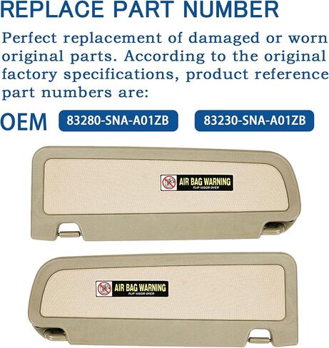 Left Driver and Right Passenger Side Sun Visor Beige Compatible with Honda Civic 2006 2007 2008 2009 2010 2011 Replaces # 83280-SNA-A01ZB 83230-SNA-A01ZB in Saudi Arabia