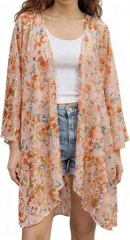 سترة كيمونو نسائية من Olrain بأكمام جرس ومطبوعة بالورود خفيفة الوزن ومفتوحة من الأمام وغطاء للرأس لفصل الصيف in Kuwait