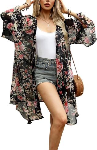 olrain Women Floral Print Bell Sleeve Kimono Cardigan Lightweight Open Front Cover Up Loungewear Cape for Summer in Saudi Arabia