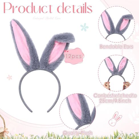 XunYee 12 Pcs Easter Plush Bunny Ears Headband Bulk Cute Long Rabbit Ears Hairbands Pink Grey Costume Accessories for Easter Party Dress up Cosplay Birthday Photo Booth Props, 8.5 Inch in Saudi Arabia