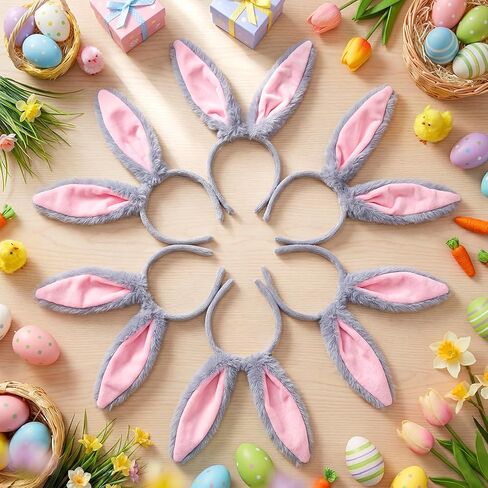 XunYee 12 Pcs Easter Plush Bunny Ears Headband Bulk Cute Long Rabbit Ears Hairbands Pink Grey Costume Accessories for Easter Party Dress up Cosplay Birthday Photo Booth Props, 8.5 Inch in Saudi Arabia