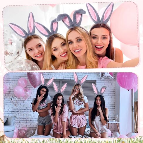 XunYee 12 Pcs Easter Plush Bunny Ears Headband Bulk Cute Long Rabbit Ears Hairbands Pink Grey Costume Accessories for Easter Party Dress up Cosplay Birthday Photo Booth Props, 8.5 Inch in Saudi Arabia