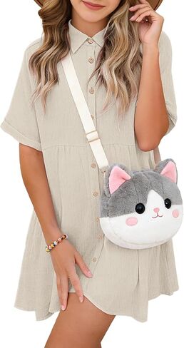 فستان بيبي دول صيفي فضفاض للفتيات كاجوال بأكمام قصيرة وأزرار سفلية مع جيوب للأطفال من عمر 5 إلى 14 سنة in Kuwait