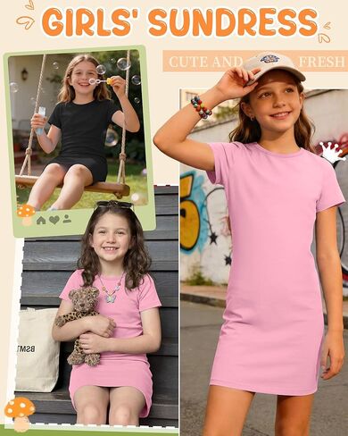 2 Pack Girls' Short Sleeve Bodycon Dresses Crew Neck Casual Teens Fitted T-Shirt Mini Pencil Dress 6-14 Years in Saudi Arabia