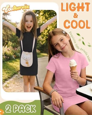 2 Pack Girls' Short Sleeve Bodycon Dresses Crew Neck Casual Teens Fitted T-Shirt Mini Pencil Dress 6-14 Years in Saudi Arabia