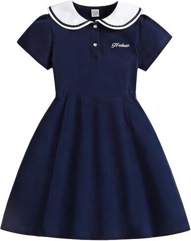 Girls Navy Blue Polo Dress with White Collar, Short Sleeve A-Line Dress, Ages 5-12 in Saudi Arabia