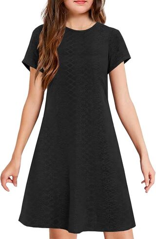 YOVION Girls Short Sleeve Dress Summer Eyelet A-Line Casual Beach Swing Dresses with Pockets for 6-12 Y in Saudi Arabia