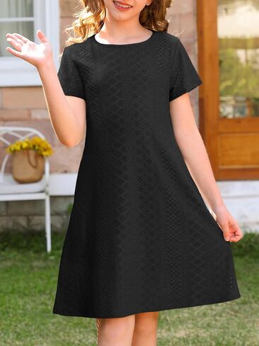 YOVION Girls Short Sleeve Dress Summer Eyelet A-Line Casual Beach Swing Dresses with Pockets for 6-12 Y in Saudi Arabia