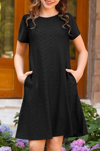 YOVION Girls Short Sleeve Dress Summer Eyelet A-Line Casual Beach Swing Dresses with Pockets for 6-12 Y in Saudi Arabia