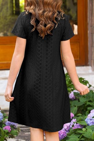 YOVION Girls Short Sleeve Dress Summer Eyelet A-Line Casual Beach Swing Dresses with Pockets for 6-12 Y in Saudi Arabia