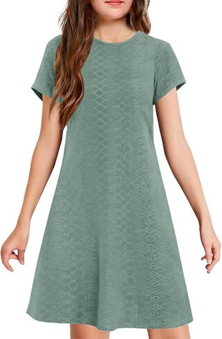 YOVION Girls Short Sleeve Dress Summer Eyelet A-Line Casual Beach Swing Dresses with Pockets for 6-12 Y in Saudi Arabia