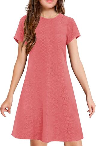 YOVION Girls Short Sleeve Dress Summer Eyelet A-Line Casual Beach Swing Dresses with Pockets for 6-12 Y in Kuwait