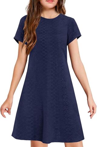 YOVION Girls Short Sleeve Dress Summer Eyelet A-Line Casual Beach Swing Dresses with Pockets for 6-12 Y in Saudi Arabia