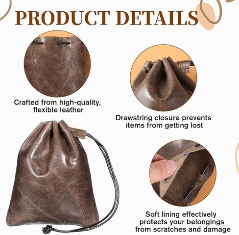 Leather Drawstring Pouch, Drawstring Cowhide Bag Vintage Waterproof Storage Bag Leather Pouch for Jewelry Earphones Purse Medium, Coffee in Saudi Arabia