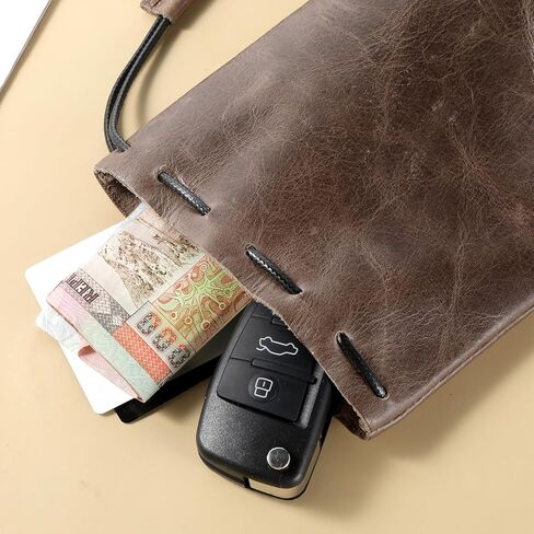 Leather Drawstring Pouch, Drawstring Cowhide Bag Vintage Waterproof Storage Bag Leather Pouch for Jewelry Earphones Purse Medium, Coffee in Saudi Arabia