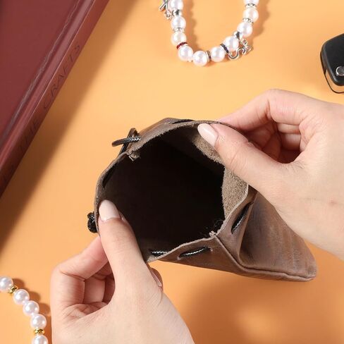 Leather Drawstring Pouch, Drawstring Cowhide Bag Vintage Waterproof Storage Bag Leather Pouch for Jewelry Earphones Purse Medium, Coffee in Saudi Arabia