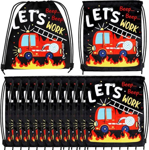 12 Pcs Fire Truck Party Supplies Favors Gift Bags Drawstring Backpack for Storage Candy Snacks Treat Goodie Bag for Firetruck Theme Birthday Party School Travel Storage Bag(9.8x11.8Inch) in Saudi Arabia