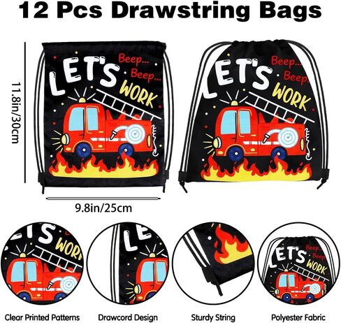 12 Pcs Fire Truck Party Supplies Favors Gift Bags Drawstring Backpack for Storage Candy Snacks Treat Goodie Bag for Firetruck Theme Birthday Party School Travel Storage Bag(9.8x11.8Inch) in Saudi Arabia