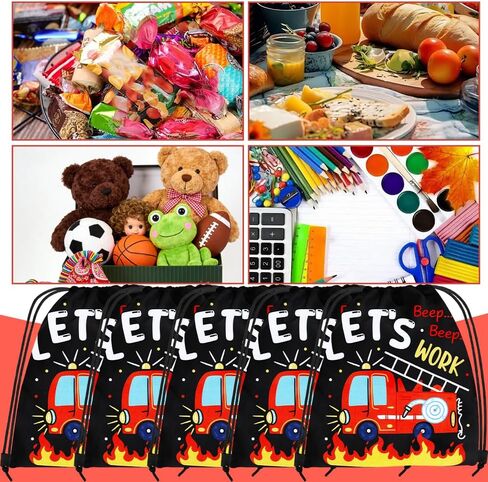 12 Pcs Fire Truck Party Supplies Favors Gift Bags Drawstring Backpack for Storage Candy Snacks Treat Goodie Bag for Firetruck Theme Birthday Party School Travel Storage Bag(9.8x11.8Inch) in Saudi Arabia
