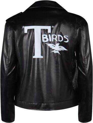 سترة Grease T-Birds للرجال من الجلد الصناعي باللون الأسود للدراجات النارية، طراز كلاسيكي لراكبي الدراجات النارية، سحاب أمامي in Saudi Arabia