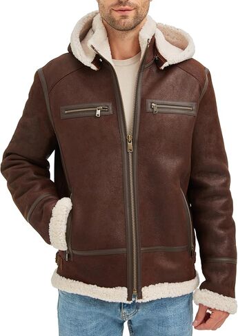 Men's Sheepskin Shearling Bomber Jacket with Detachable Hood in Kuwait