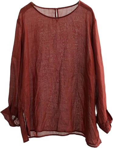 LZJN Women's Casual Long Sleeve Solid Color Lightweight Round Neck Tunic Top Solid Color Ramie Loose Pullover Shirt in Kuwait