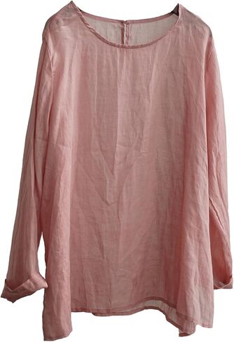 LZJN Women's Casual Long Sleeve Solid Color Lightweight Round Neck Tunic Top Solid Color Ramie Loose Pullover Shirt in Kuwait