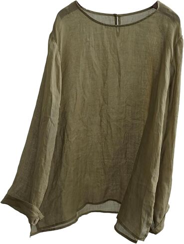 LZJN Women's Casual Long Sleeve Solid Color Lightweight Round Neck Tunic Top Solid Color Ramie Loose Pullover Shirt in Kuwait