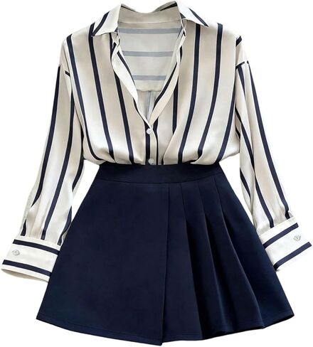 GORGLITTER Women's Business Casual Outfits Striped Long Sleeve Button Down Blouse and Asymmetric Pleated Skort in Saudi Arabia