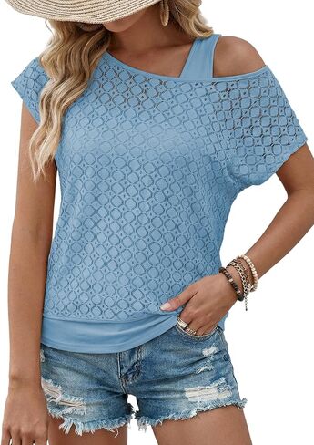 Dokotoo Womens Summer Short Sleeve Crochet Hollow Out Lace Cover Ups Lining Two Piece Off Shoulder Beach Vacation Boho Tops in Saudi Arabia