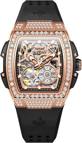 OUPINKE Automatic Womens Watches Luxury Diamonds Hollow Skeleton Square Ladies Watches Soft Silicone Strap Fashion Dress Rose Gold Female Watch Waterproof in Kuwait