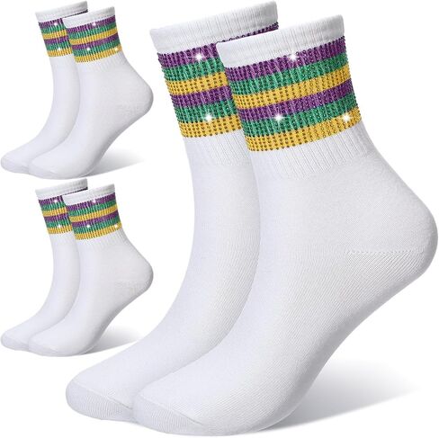 Mepase 3 Pairs Mardi Gras Rhinestone Crew Socks Sparkle Purple Green Gold Stripe Crew Novelty Cotton Socks for Women Girls Mardi Gras Parade Carnival Party in Saudi Arabia