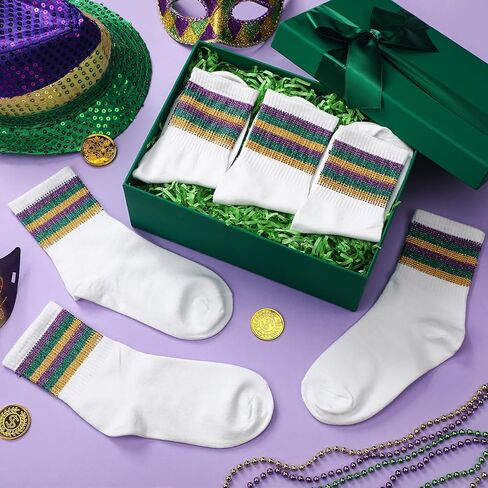 Mepase 3 Pairs Mardi Gras Rhinestone Crew Socks Sparkle Purple Green Gold Stripe Crew Novelty Cotton Socks for Women Girls Mardi Gras Parade Carnival Party in Saudi Arabia