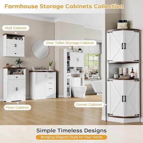 64.8" Farmhouse Corner Cabinet, Dining Room Tall Corner Cabinet with 4 Barn Doors and 5 Storage Shelves, Bar Storage Cabinets for Kitchen, Living Rooms, Laundry Room White in Saudi Arabia
