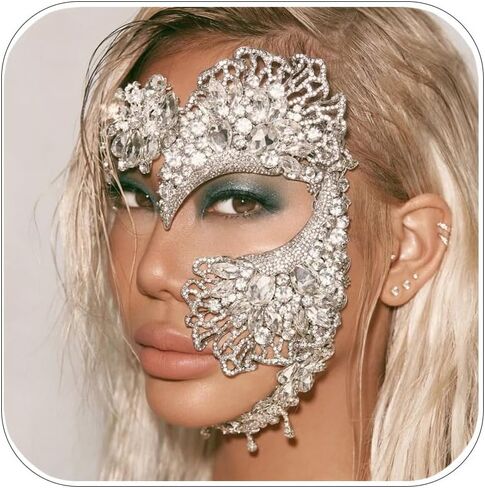 STONEFANS Rhinestone Masquerade Mask Face Jewelry for Women Blue Prom Half Face Mask Wedding Halloween Costume Accessories in Kuwait