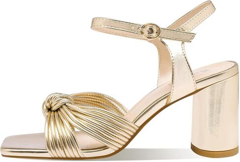 Women's Gold Heeled Sandals, Square Open Toe Chunky Heel Wedding Shoes, Bow Knot Block Heels Sandals for Bridal Party Dress in Saudi Arabia