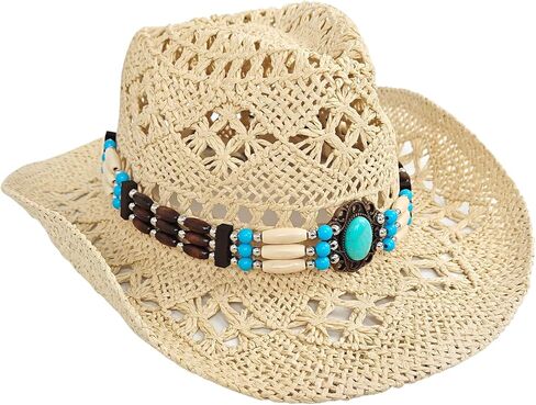 Straw Cowboy Hat for Women, Cowgirl Hat with Decorative Bands, Wide Brim Woven Sun Hat Western Cowboy Hat in Saudi Arabia
