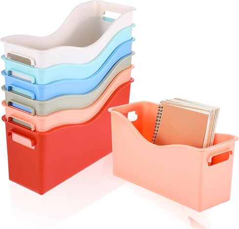 6 Pack Plastic Book Binder Holders, 6 Colors Classroom Storage Bins with Handles, Stackable Organizing Bins for Library Home Office, 13.6X5X7.1 Inch in Saudi Arabia