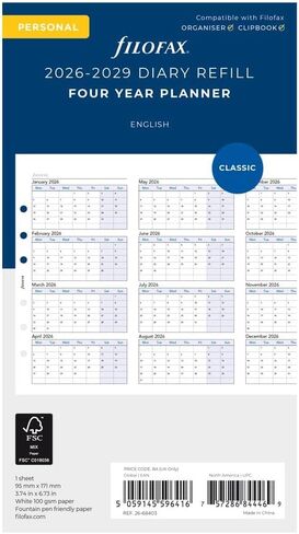 Filofax Calendar Diary Refill, Personal/Compact Size, Four-Year Vertical Planner, White Paper, English, 2026 (C68403-26) in Saudi Arabia