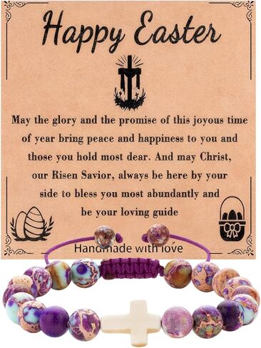 Easter Basket Stuffers for Women, Cross Charm Bracelet Easter Gifts for Womens Natural Stone Beaded Bracelet Christian Gifts for Women Inspirational Jewelry in Saudi Arabia
