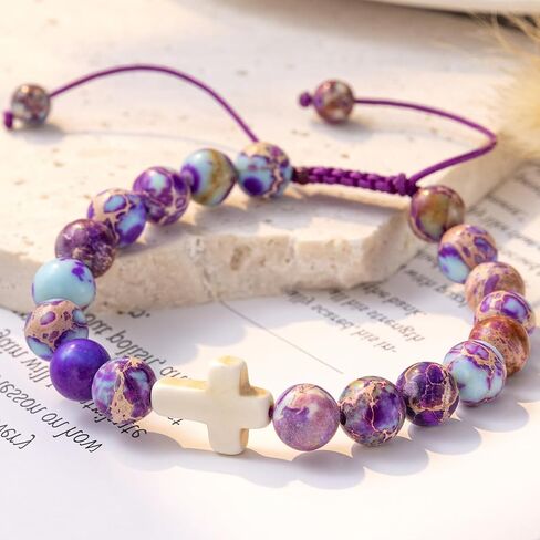 Easter Basket Stuffers for Women, Cross Charm Bracelet Easter Gifts for Womens Natural Stone Beaded Bracelet Christian Gifts for Women Inspirational Jewelry in Saudi Arabia