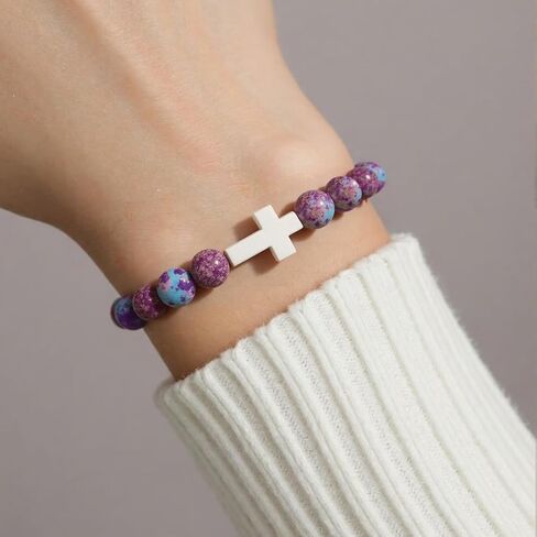 Easter Basket Stuffers for Women, Cross Charm Bracelet Easter Gifts for Womens Natural Stone Beaded Bracelet Christian Gifts for Women Inspirational Jewelry in Saudi Arabia