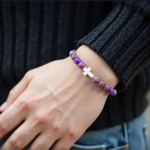 Easter Basket Stuffers for Women, Cross Charm Bracelet Easter Gifts for Womens Natural Stone Beaded Bracelet Christian Gifts for Women Inspirational Jewelry in Saudi Arabia